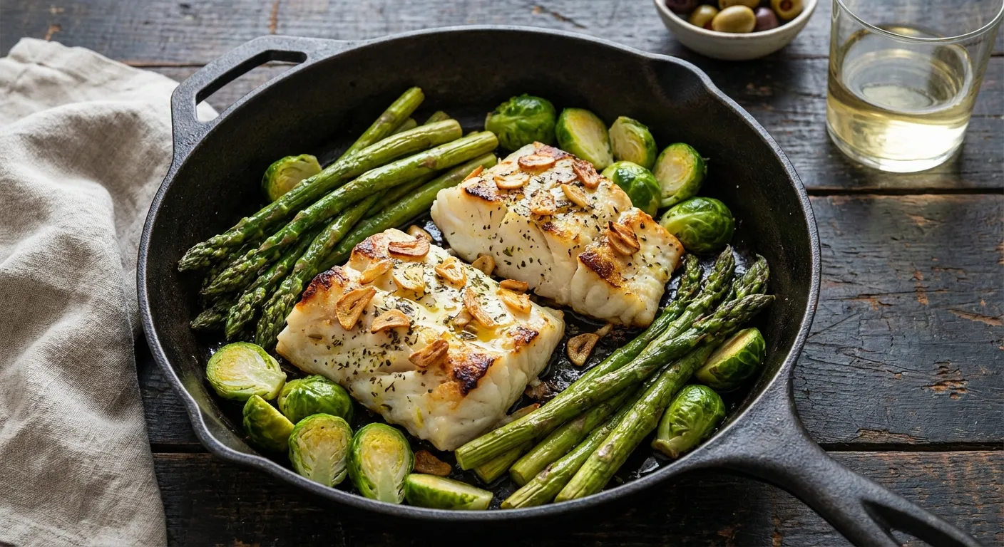 Bacalao al horno con ajo en una sartén