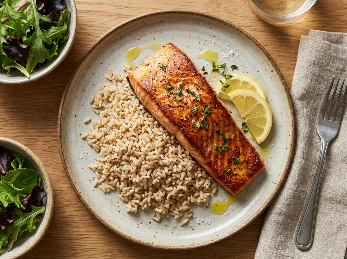 Salmón braseado con arroz integral